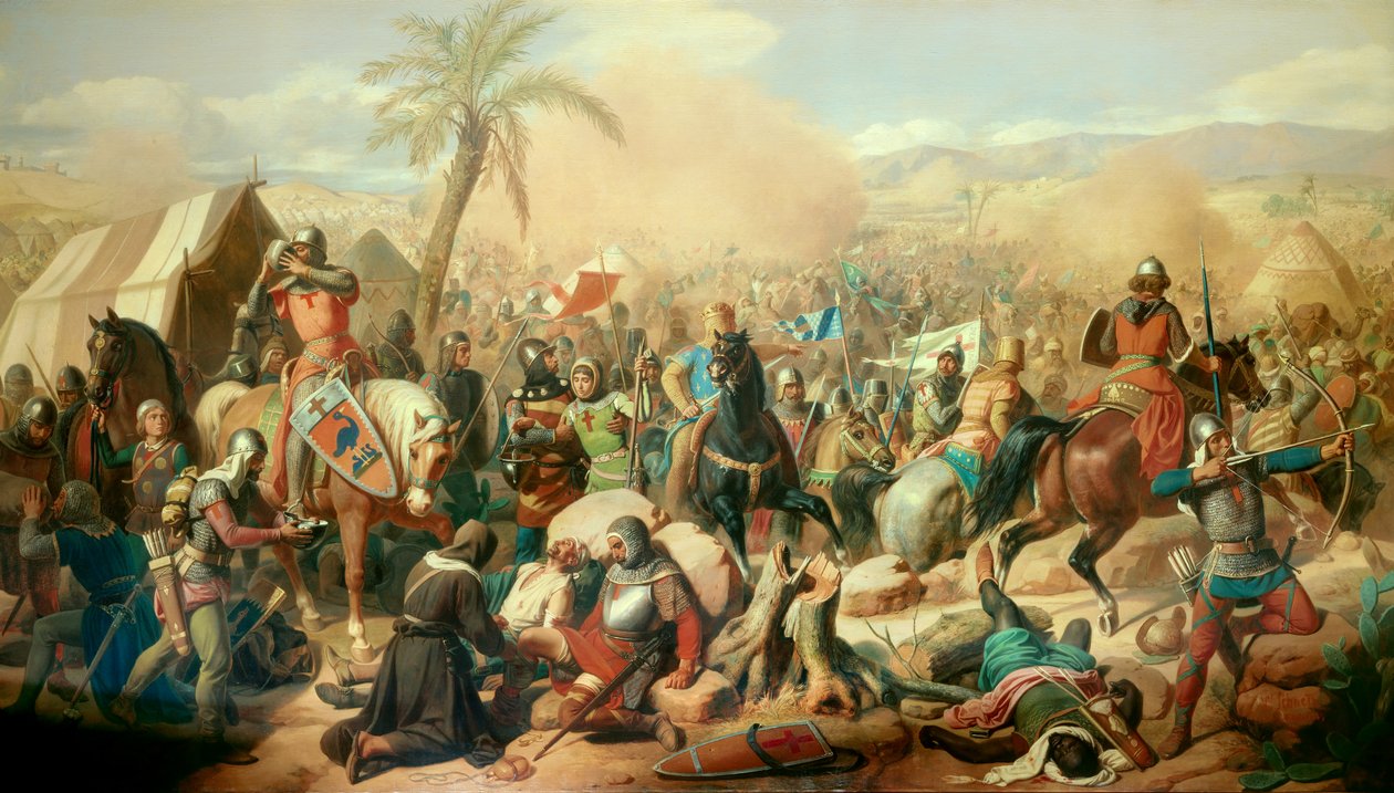الحملة الصليبية الأولى: "معركة عسقلان 12/08/1099 ، انتصار Godefroy de Bouillon (1061-1100) على الوزير الأفضل" لوحة لفيكتور شنيتز (1787-1870) 1843 صن. 3،15 × 5،56 م. فرساي. متحف شاتو بواسطة جان فيكتور شنيتز