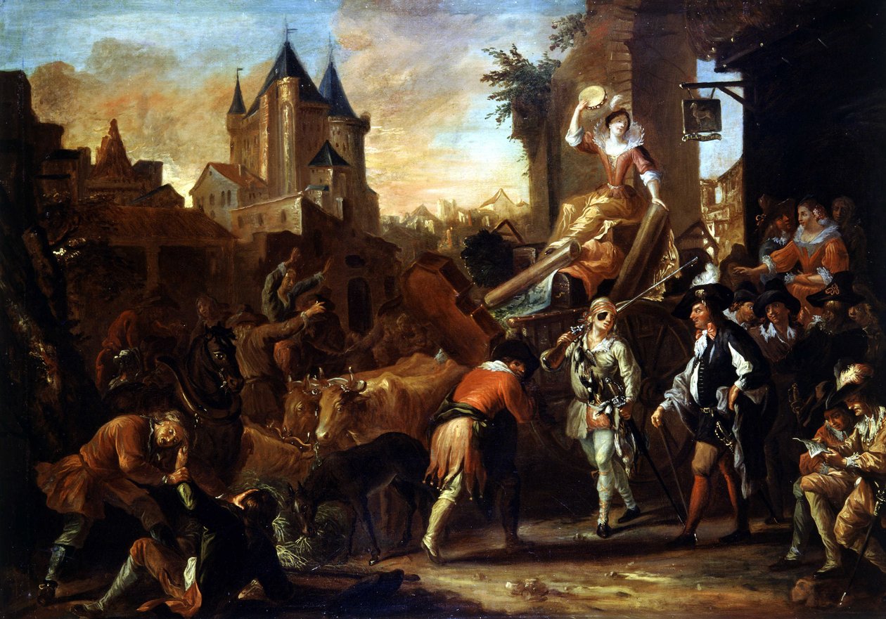 يصل الكوميديون إلى لوحة لومان التي تصور "" الروماني الهزلي "لبول سكارون (1610-1660). رسم جان بابتيست (جان بابتيست) كولوم (أو كولون) (حوالي 1695-1735) بواسطة جان دي كولوم