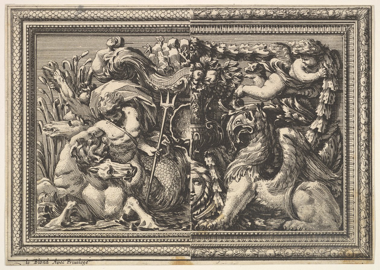تصميم لوحة ذات متغيرين يحتويان على Hippocamp و Griffin ، من: Ornements ... ، 1651. بواسطة جان لو بوتر