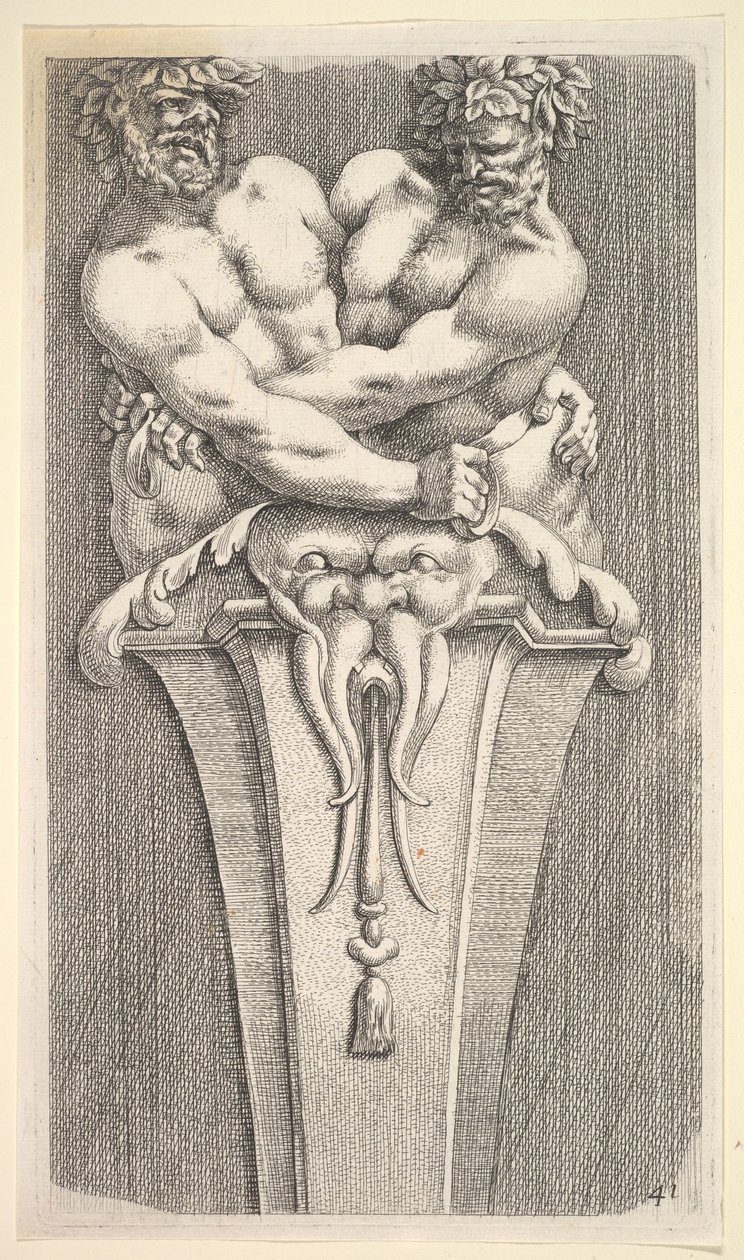 تصميم لفترة مع شخصيتين من Bacchic ، من: Curieuses Recherches de عدة Beaus ... ، 1645. بواسطة جان لو بوتر