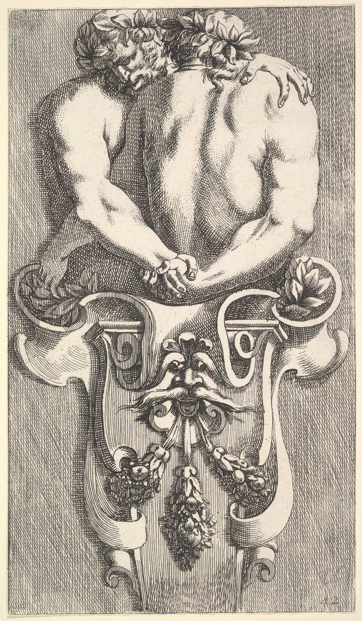 تصميم لفترة مع اثنين من الساتير المحتضنين ، من: Curieuses Recherches de عدة Beaus ... ، 1645. بواسطة جان لو بوتر