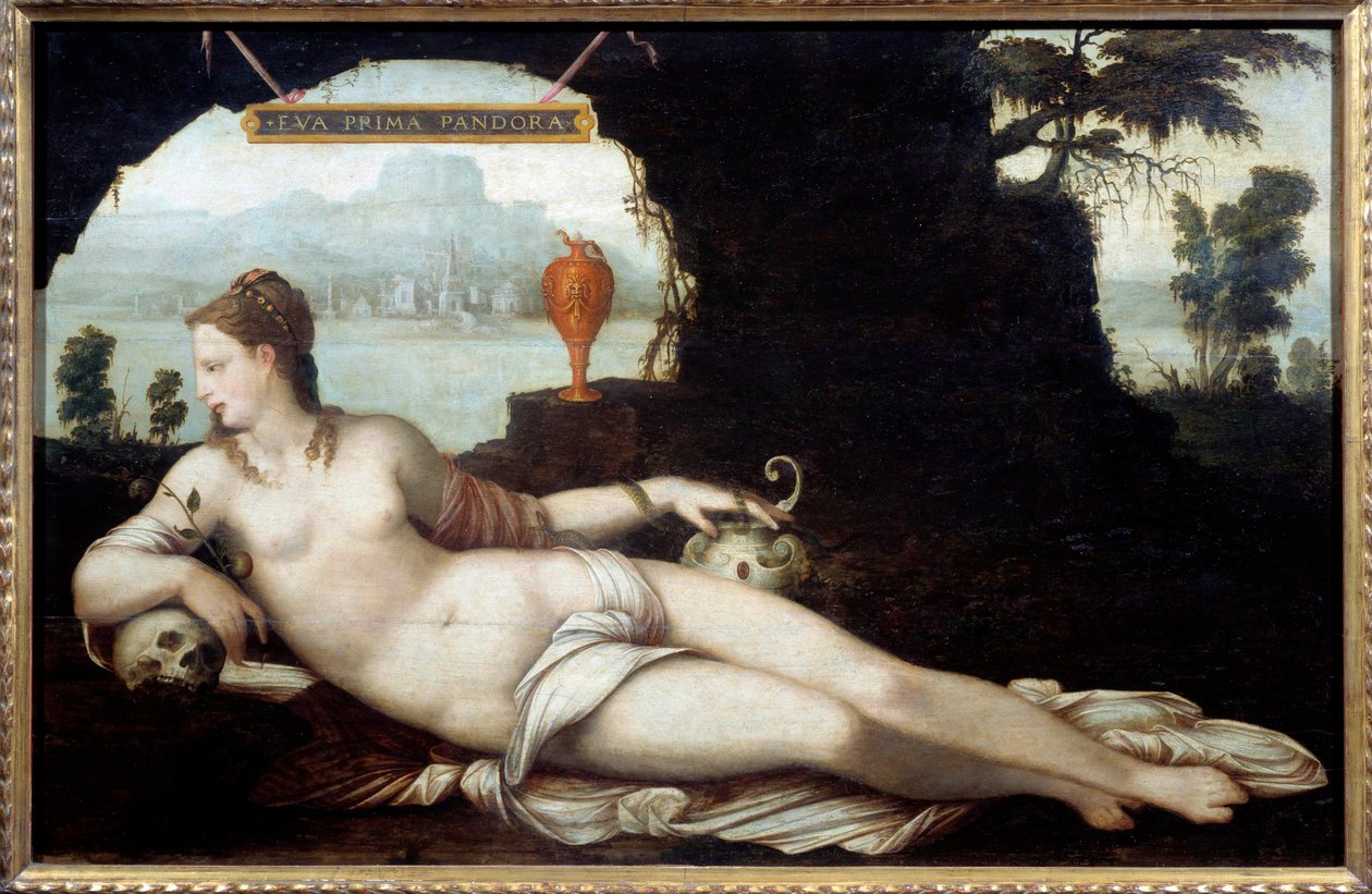 Eva Prima pandora representation of a woman, crossing the characteristics of Eve and Pandora, who all of them bring all evil to earth. Painting (Vanite) by Jean Cousin called the Father (1490-1560) 16th century. Dim. 0,97x1,5 m. بواسطة ابن عم جان الأكبر