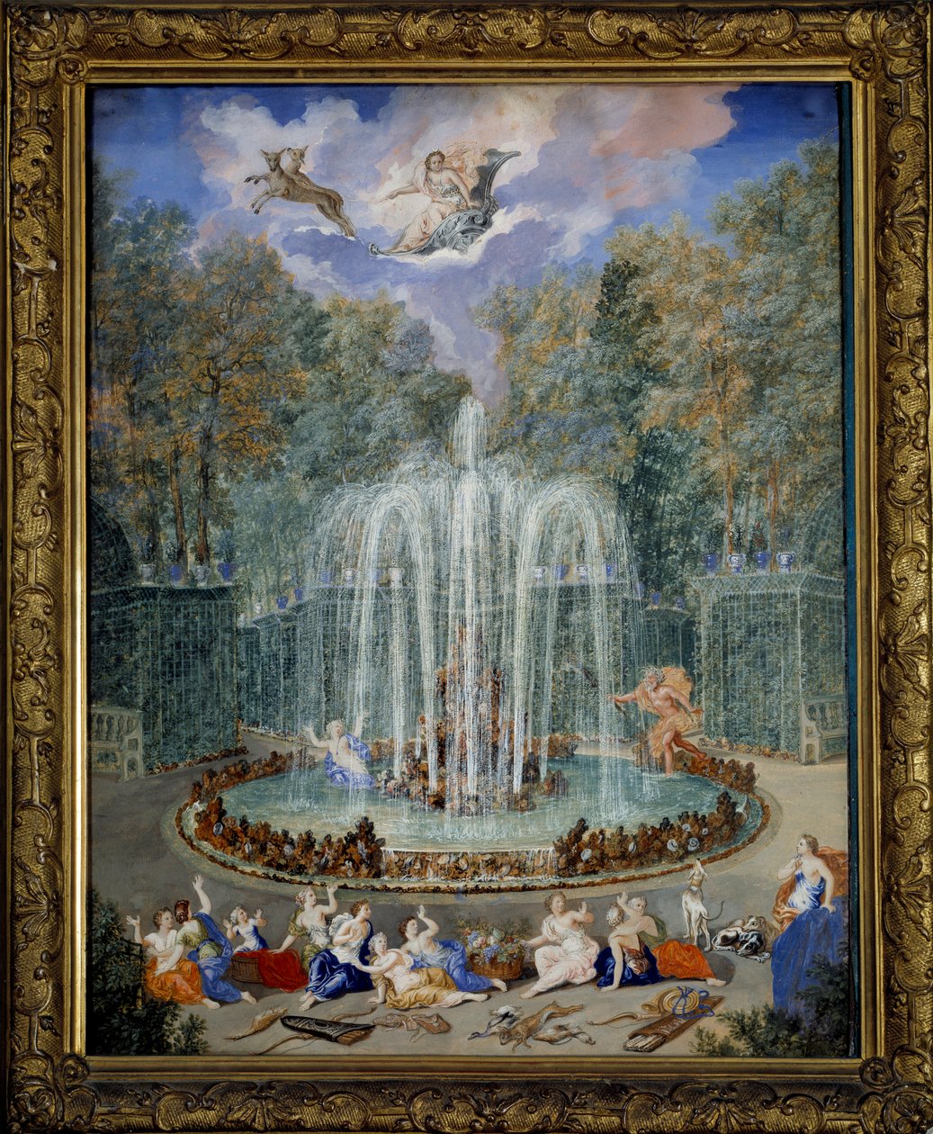 View of the grove of the star or mountain of water in the gardens of Versailles with Alphee pursuing Arethuse and in the sky, Diane leads her chariot, Painting by Jean Cotelle the Jeune (1645-1708) 17th century, Dim 2,01 x1,37 m - View of the Grove of the  بواسطة جان الأصغر كوتيل