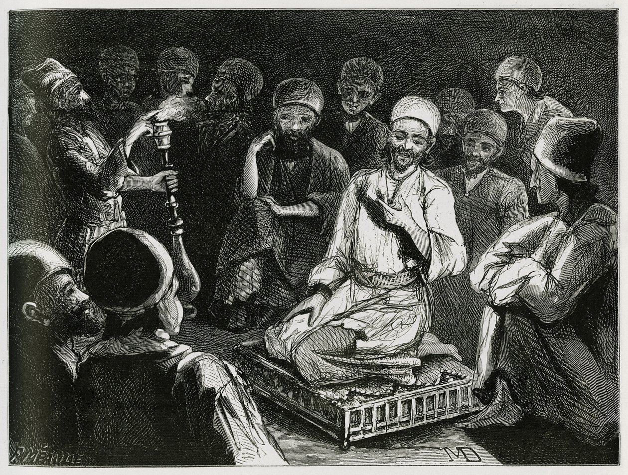راوي القصص الفارسية يحيط بجمهوره. نقش للمؤلف المسافر لتوضيح قصة "بلاد فارس وتشالدي وسوسيان" " بواسطة جين ديولافوي