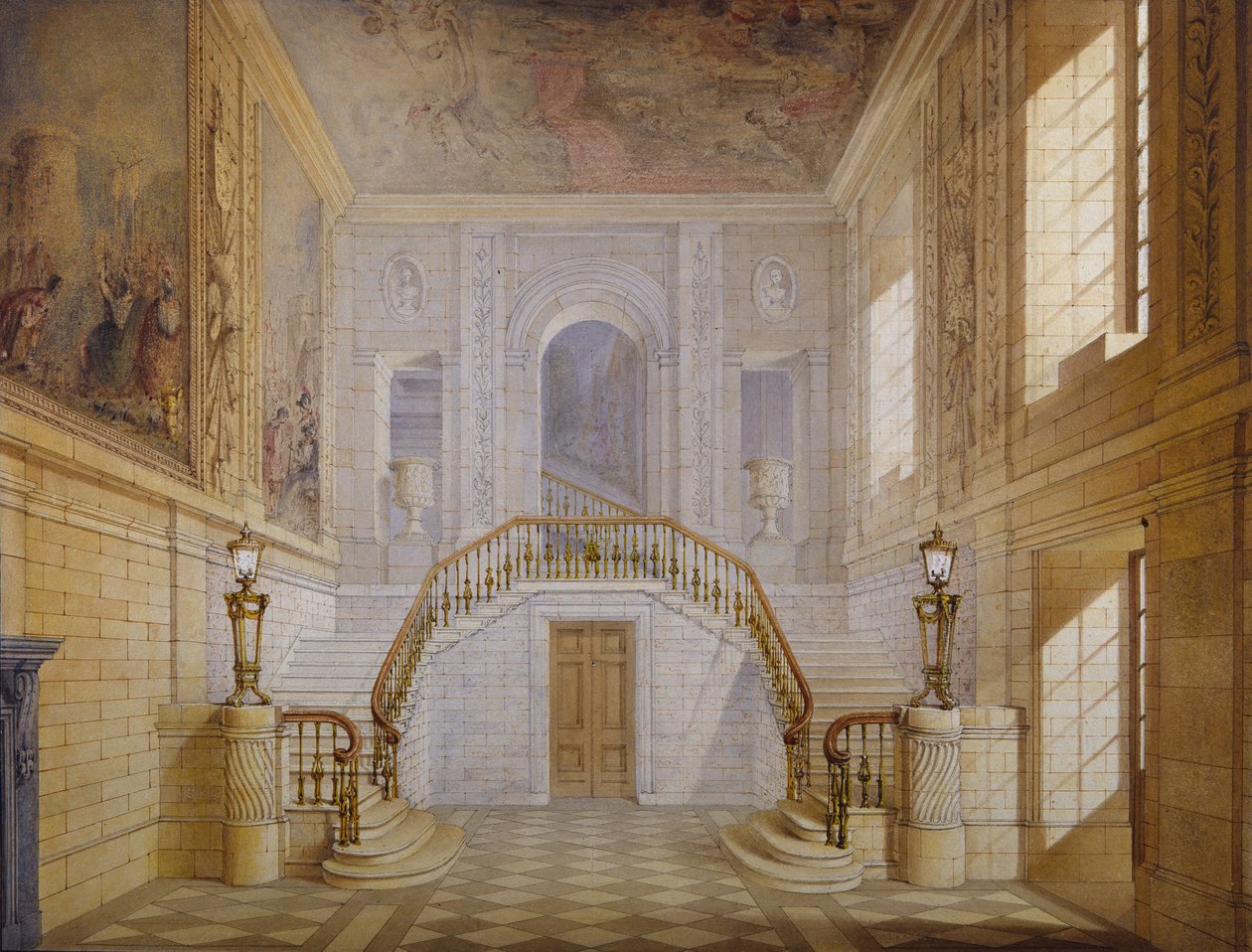 تصميم درج في Painted Hall ، Chatsworth (ألوان مائية على ورق) بواسطة جيفري وياتفيل
