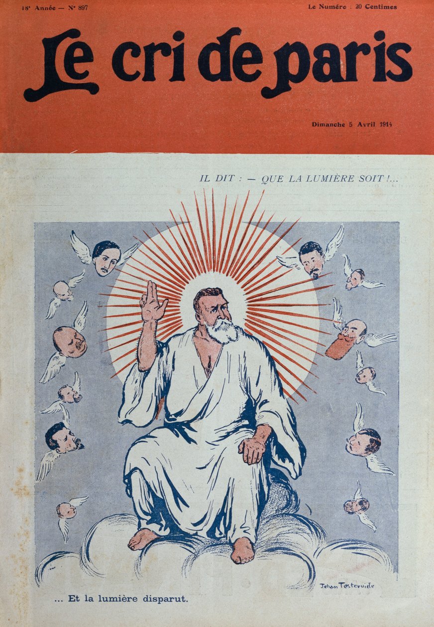 رسم كاريكاتير لجان جوريس كإله الآب ، صورة الغلاف الأمامي من "لو كري دو باريس" ، 5 أبريل 1914 بواسطة جيهان تستيفويدي