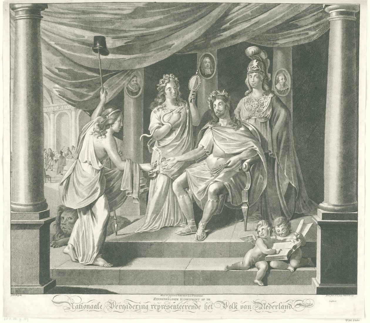 رمزية الجمعية الوطنية ، 1796 طباعة فنية رمزية في الجمعية الوطنية تمثل شعب هولندا (العنوان على القطعة) بواسطة إرميا سنووك