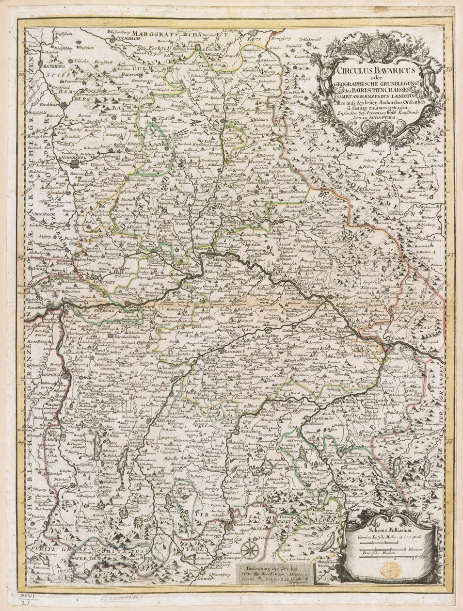 خريطة بافاريا ، حوالي عام 1695 (نقش ملون) بواسطة جيريمياس وولف