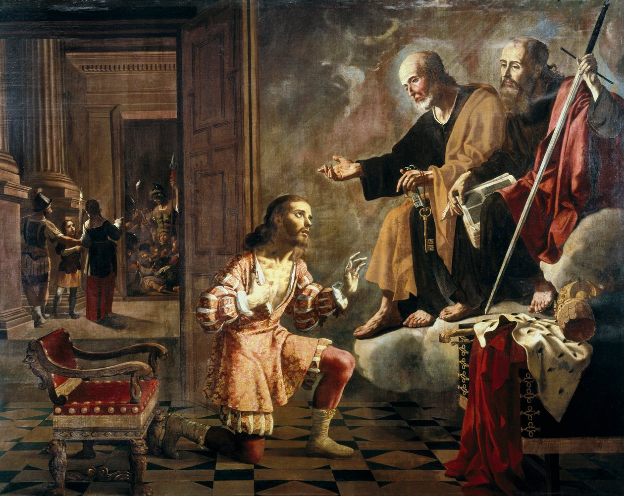 مع ظهور الرسل القديس بطرس والقديس بولس للإمبراطور الروماني قسطنطين الأول العظيم (272-337) ، وهو أول إمبراطور اعتنق المسيحية. بواسطة جيرونيمو جاسينتو إسبينوزا