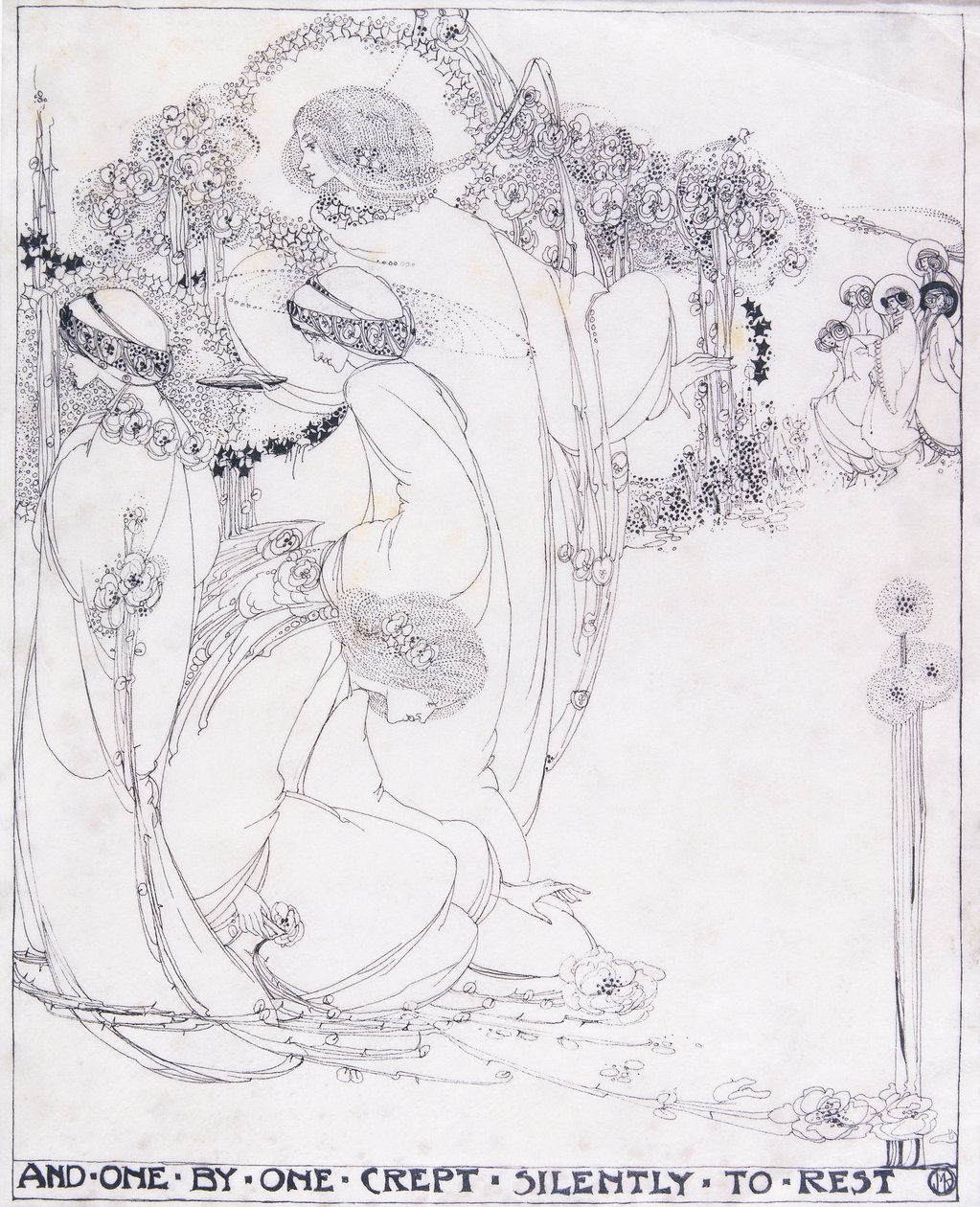 وزحف واحد تلو الآخر بصمت للراحة ، حوالي 1902-3 (قلم وحبر أسود على ورق) بواسطة جيسي ماريون كينج