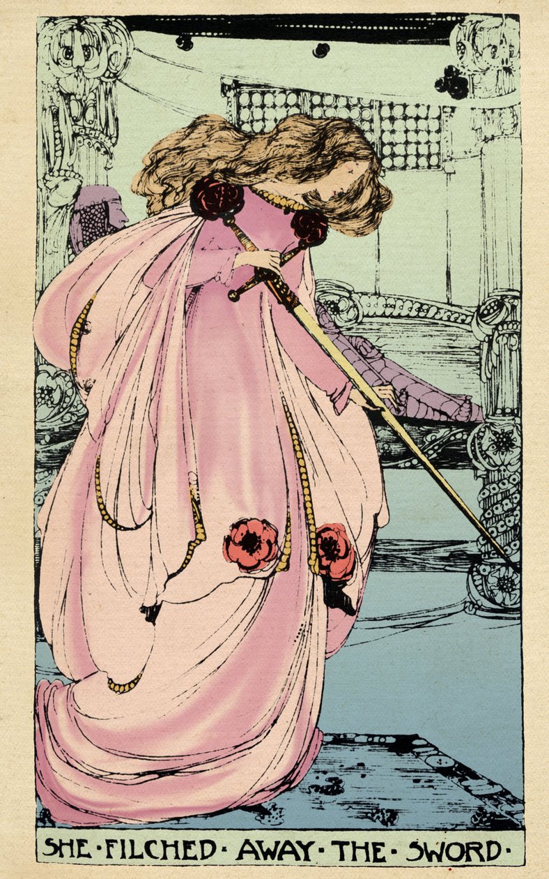 يسرق Fairy Morgane سيارة Excalibur ليستخدمها عشيقته ضد الملك آرثر. رسم إيضاحي لجيسي ماريون كينغ (1875-1949) لكتاب "التاريخ العالي للكأس المقدسة بقلم برسيفال الويلزي ، فارس المائدة المستديرة" بقلم سيباستيان إيفانز (1830) بواسطة جيسي ماريون كينج