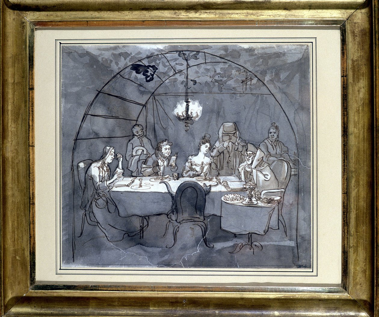 Fête des Cabanes في مطعم Kasher من قبل عائلة Moses Ulmann. الرسم على الورق ، غسل القلم 1831 35.5 × 31.3 سم. (JM 189) المتحف اليهودي بازل ، سويسرا. بواسطة المدرسة اليهودية