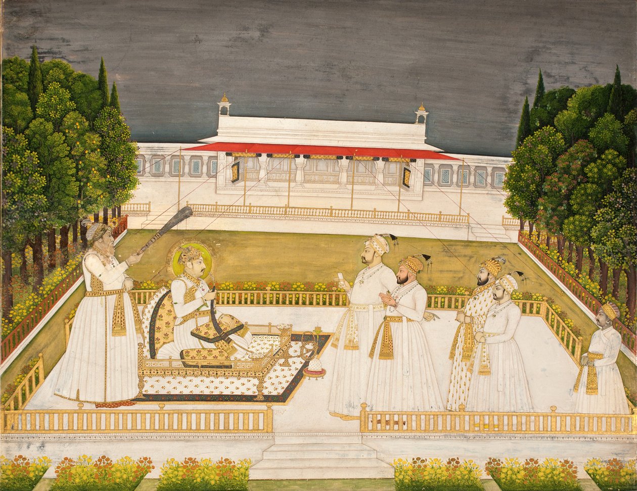 توج محمد شاه على شرفة ليلا مع ضباطه ، ج .1735 (مرحاض غير شفاف وذهب على ورق) بواسطة Jharokha Nidha Mal