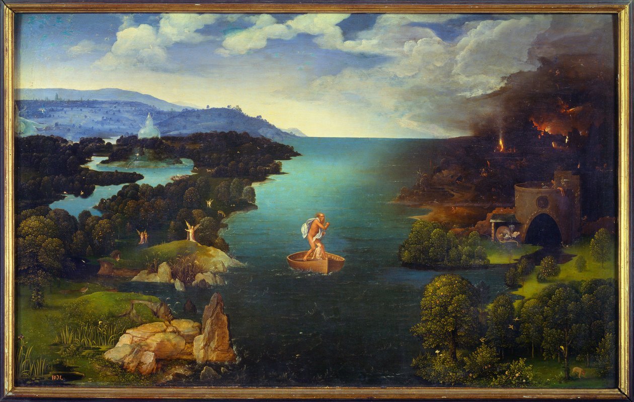مرور Styx Charon (Caron) على قاربه في العالم السفلي. لوحة رسمها يواكيم باتينير (متزلج) (1485-1524) (إي سي فلام) الشمس 0،64 × 1،03 م مدريد ، متحف دو برادو بواسطة يواكيم باتينير