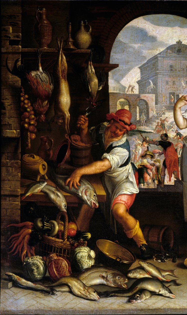 تفاصيل "" مشهد المطبخ مع مثل العيد "" رجل يعد السمك. رسم يواكيم وتيويل (1556-1638) شمس. 0،63x1 م باريس ، متحف اللوفر. بواسطة يواكيم وتيويل أو يوتويل
