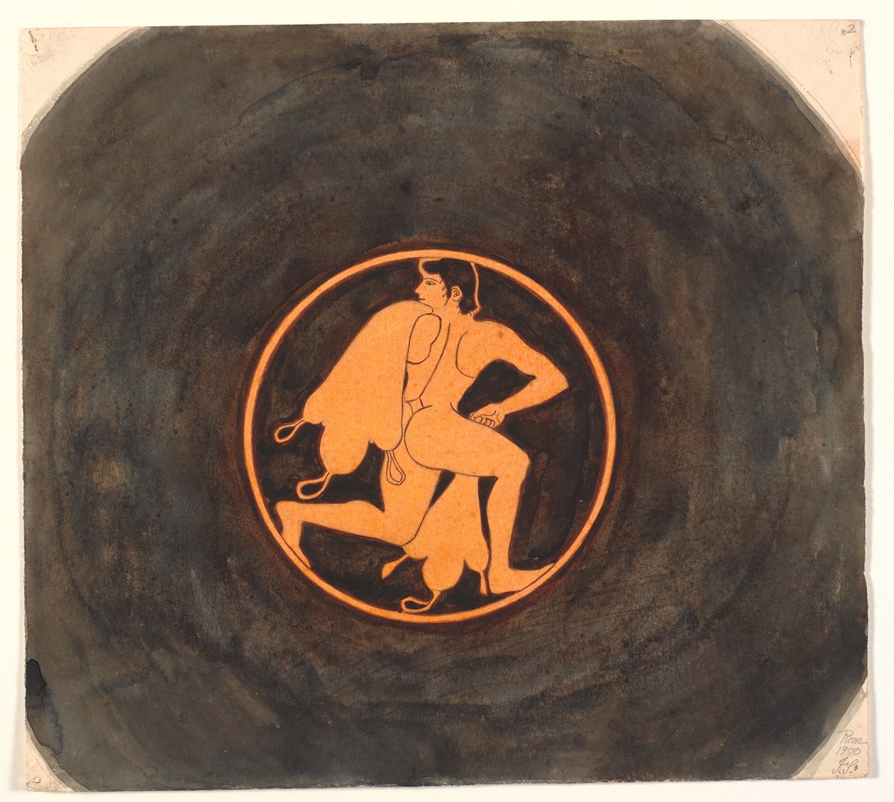 نسخة من kylix يوناني أحمر الشكل مع لوحة لشباب يركض بأكياس نبيذ بواسطة يواكيم فريدريك سكوفجارد