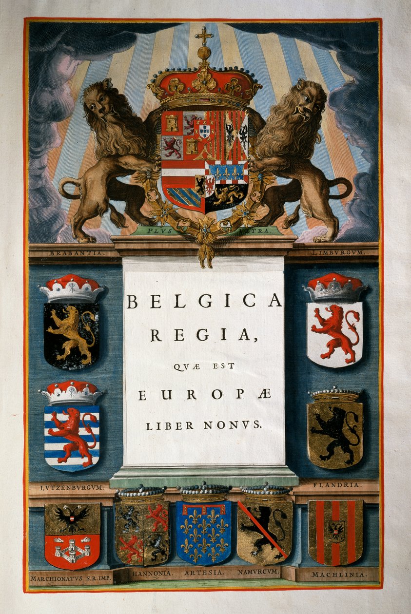 The Belgian Regia of Europe (بلجيكا) ، الكتاب التاسع ، صفحة العنوان المجلد الرابع ، أطلس مايور ، بقلم جوان بلاو (1596-1673) ، نقش على النحاس ، 57.5 × 39 سم ، أمستردام بواسطة جوان بلاو