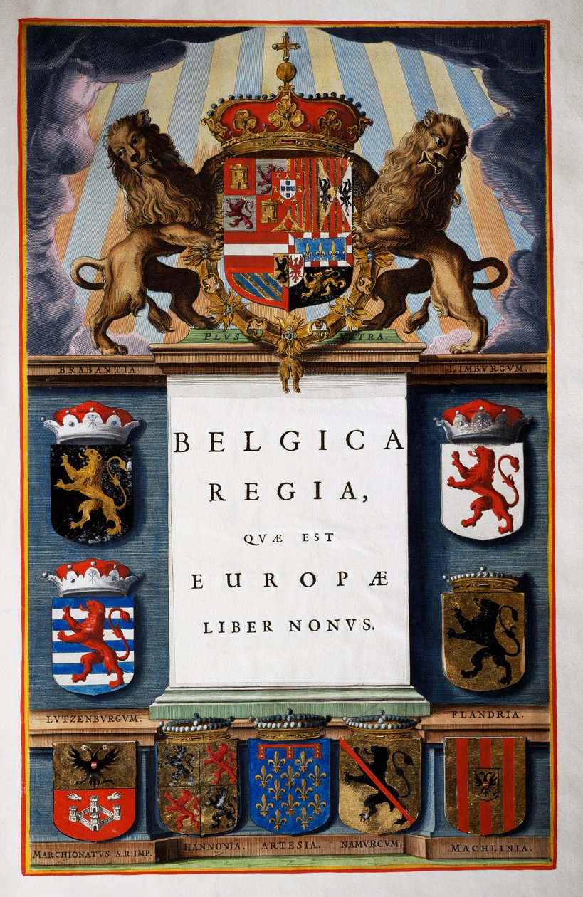 Belgica Regua quae est Europae ، الكتاب التاسع ، صفحة العنوان من المجلد الرابع ، من أطلس مايور ، الأطلس في 11 مجلدًا ، بقلم جوان بلاو (1596-1673) ، نقش على النحاس ، 57.5 × 39 سم ، أمستردام بواسطة جوان بلاو