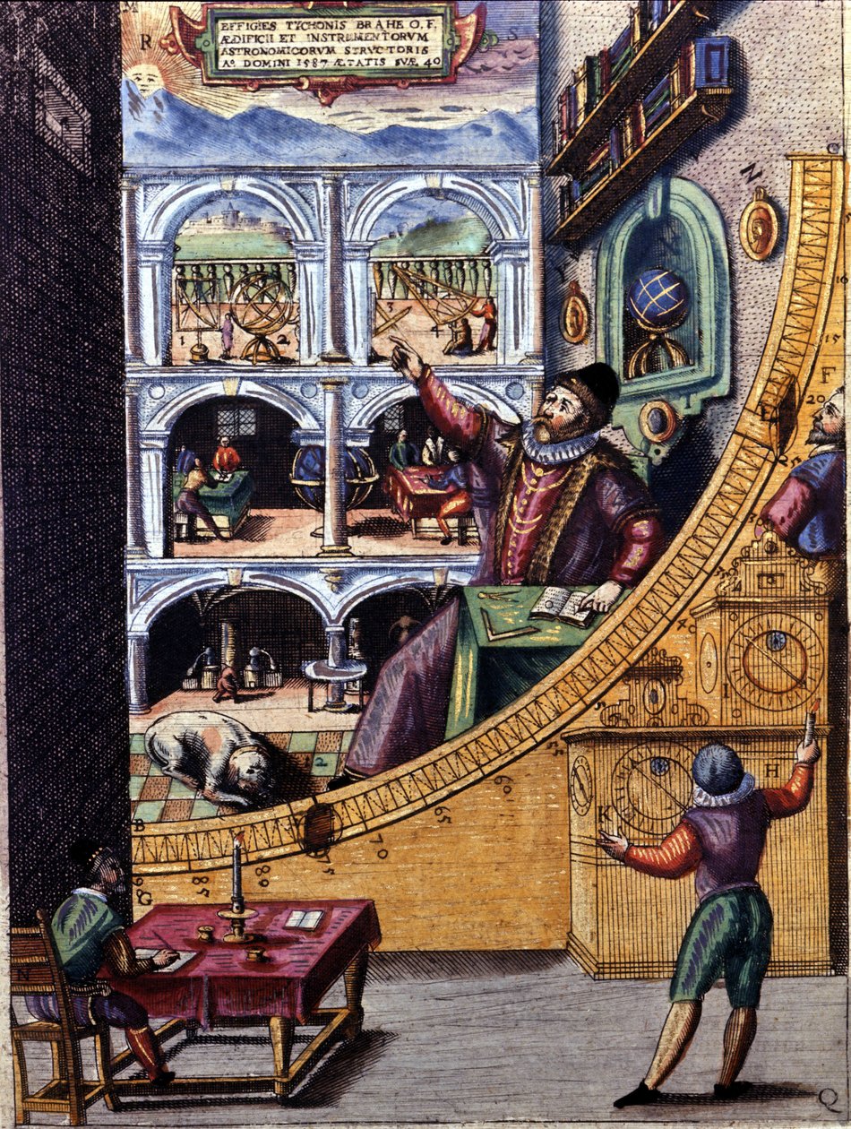 عالم الفلك الدنماركي تايكو براهي (1546-1601) في مرصده في أورانينبورغ - نقش ملون بواسطة أطلس ميجور Ssive و Blavania laboured and sumptibus المصمم بواسطة يوهانيس بلايف بواسطة جوان بلاو