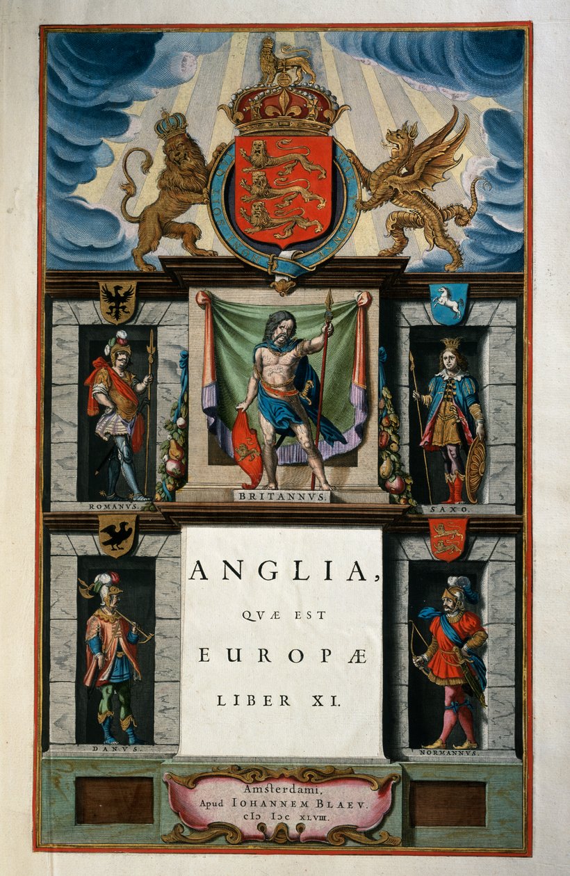 East Anglia quae Europae (إنجلترا) ، الكتاب الحادي عشر ، صفحة العنوان المجلد الخامس ، أطلس مايور ، بقلم جوان بلاو (1596-1673) ، نقش على النحاس ، 57.5 × 39 سم ، أمستردام بواسطة جوان بلاو