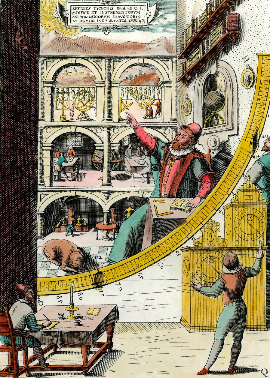تمثيل Tycho Brahe (1546-1601) ، عالم الفلك الدنماركي في مرصده نقش من "Atlas Major Ssive et cosmographia Blavania labore et sumptibus" بقلم يوهانس بلاو (1598-1673). القرن ال 17. باريس ، الفنون الزخرفية بواسطة جوان بلاو