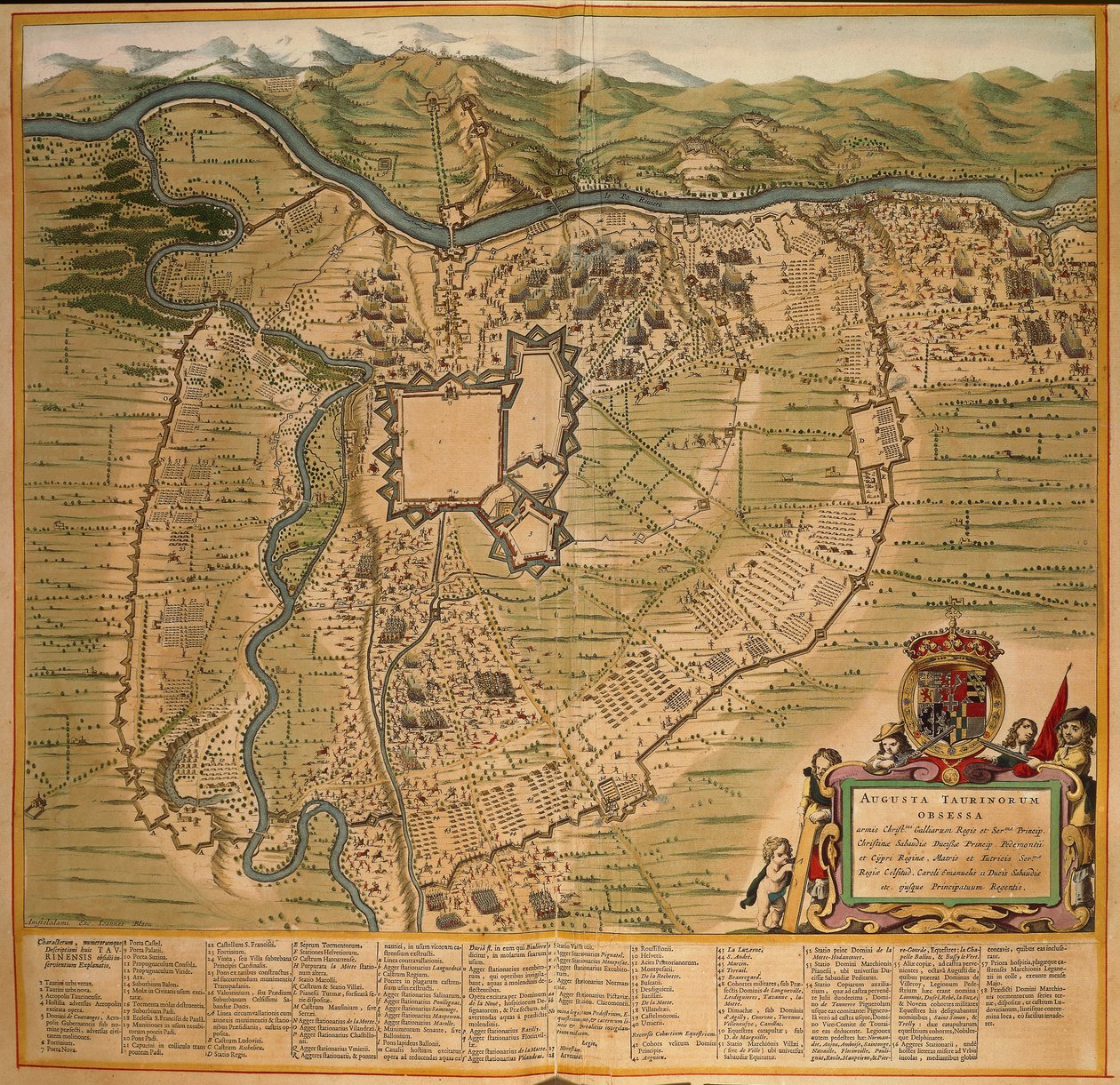 حصار تورين عام 1639 ، نقش ملون من Theatrum Sabaudiae بواسطة Joan Blaeu ، طُبع في إيطاليا بواسطة جوان بلاو