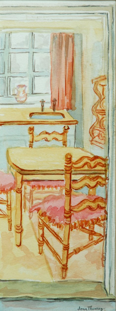 Red Cottage Kitchen، سوفولك ، 2000 ، لون مائي على ورق مصنوع يدوياً بواسطة جوان ثيسي