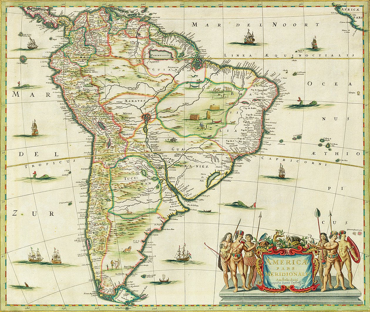 America Pars Meridionalis ، صفحة 93 من "Atlas Minor Sive Geographia Compendiosa ، qua Orbis Terrarum" تجميع نيكولاس فيشر (1618-1709) 1655 (نقش ملون باليد) بواسطة جوان جانسون