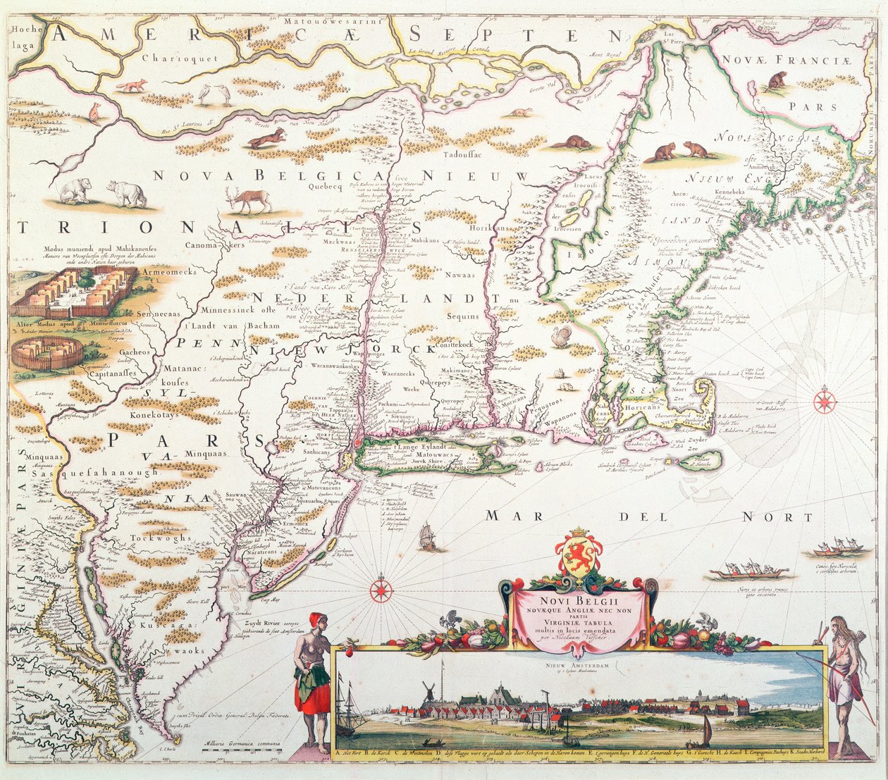 خريطة بلجيكا الجديدة مع منظر لأمستردام الجديدة ، جمعها نيكولايس فيشر (1618-1709) ج.1651-55 (نقش ملون باليد) بواسطة جوان جانسون