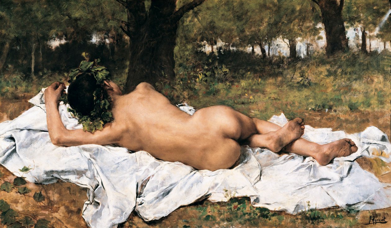 "" يونغ باخوس "" باخوس من الظهر يطول على ورقة في العشب. لوحة جواكين أغراسوت إي جوان (1836-1919) حوالي 1872 فالنسيا. متحف Bellas Artes San Pio V. بواسطة Joaquin Agrasot y Juan