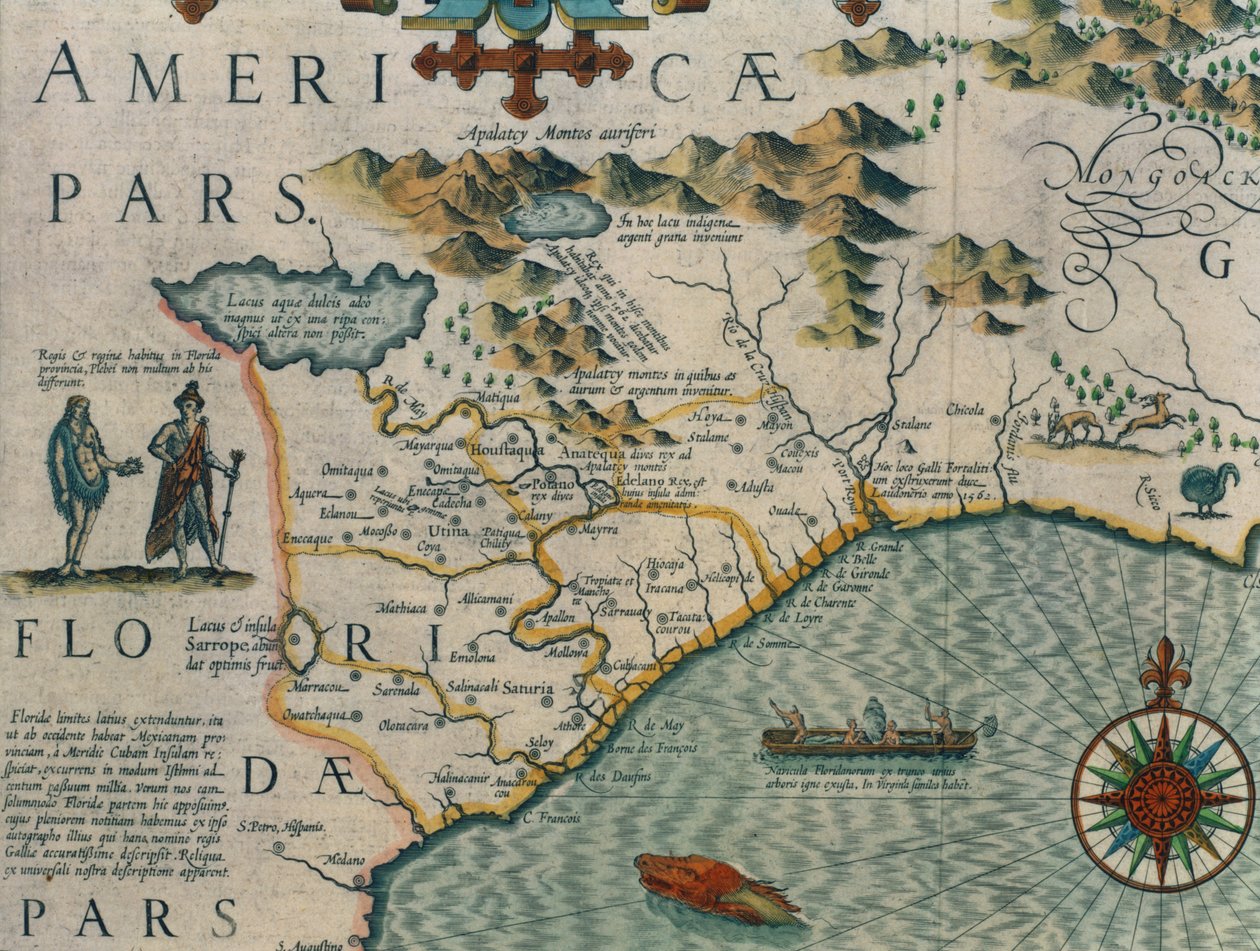 ساحل ولاية كارولينا الشمالية ، تفاصيل الخريطة بعنوان Virginiae item et Floridae من Mercator Atlas ... عام 1606 ، حانة. بواسطة Jodocus Hondius ، 1619 نقش ملون باليد ، انظر أيضًا 66818 و 81957 و 81958 بواسطة جودوكس هونديوس