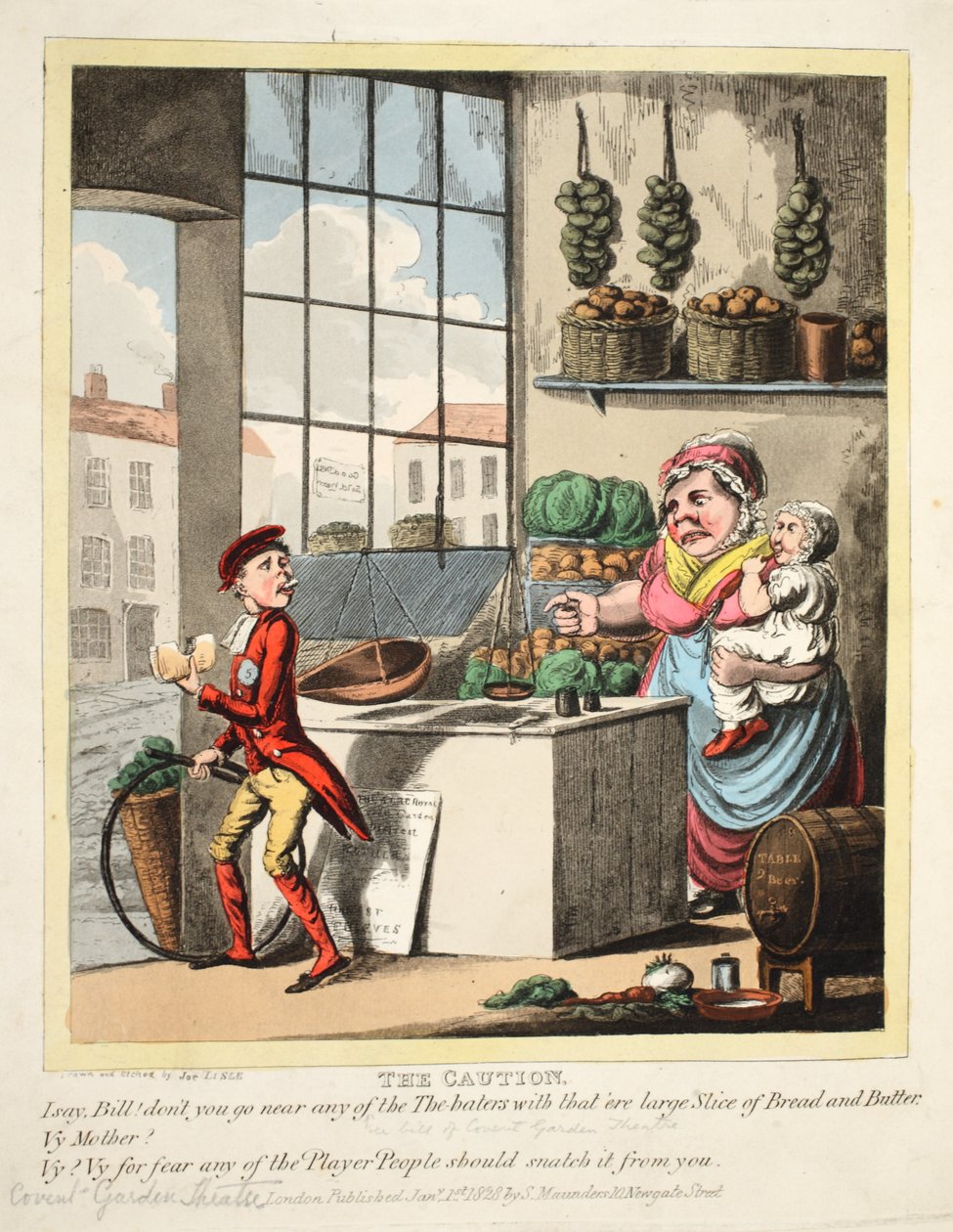 الحذر ، مسرح كوفنت جاردن ، حانة. 1828 (يد ملونة) بواسطة جو ليسلي