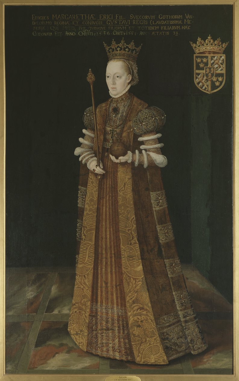 Marguerite Lejonhufvud ، reine consort de Sweden ، seconde epouse de Gustave I Vasa - الملكة Margaret Leijonhufvud ملكة السويد (1516-1551) ، بواسطة Uther ، Johan Baptista van (نشط 1562-1597). زيت على قماش. الأبعاد: ١٩٥ × ١٢١ سم. المتحف الوطني ستوكهولم بواسطة يوهان بابتيستا فان (نشط 1562 1597) أوثر