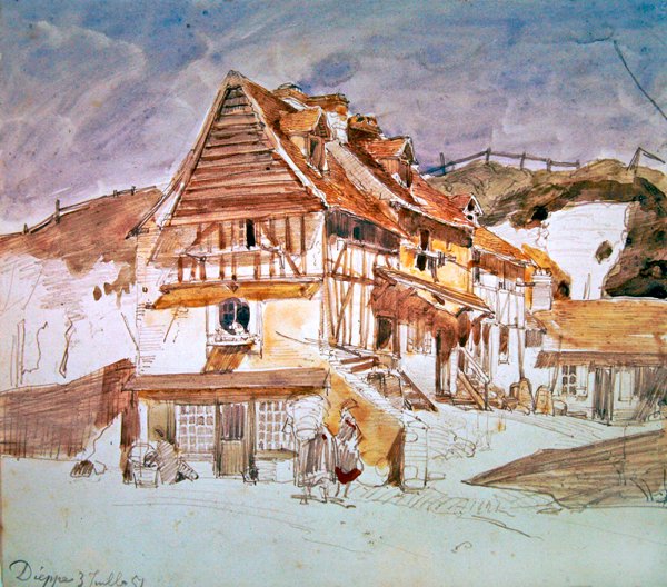 منازل قديمة في دييب ، نورماندي ، فرنسا ، 1851 (قلم وحبر ومرحاض على ورق) بواسطة يوهان بارثولد جونغكيند