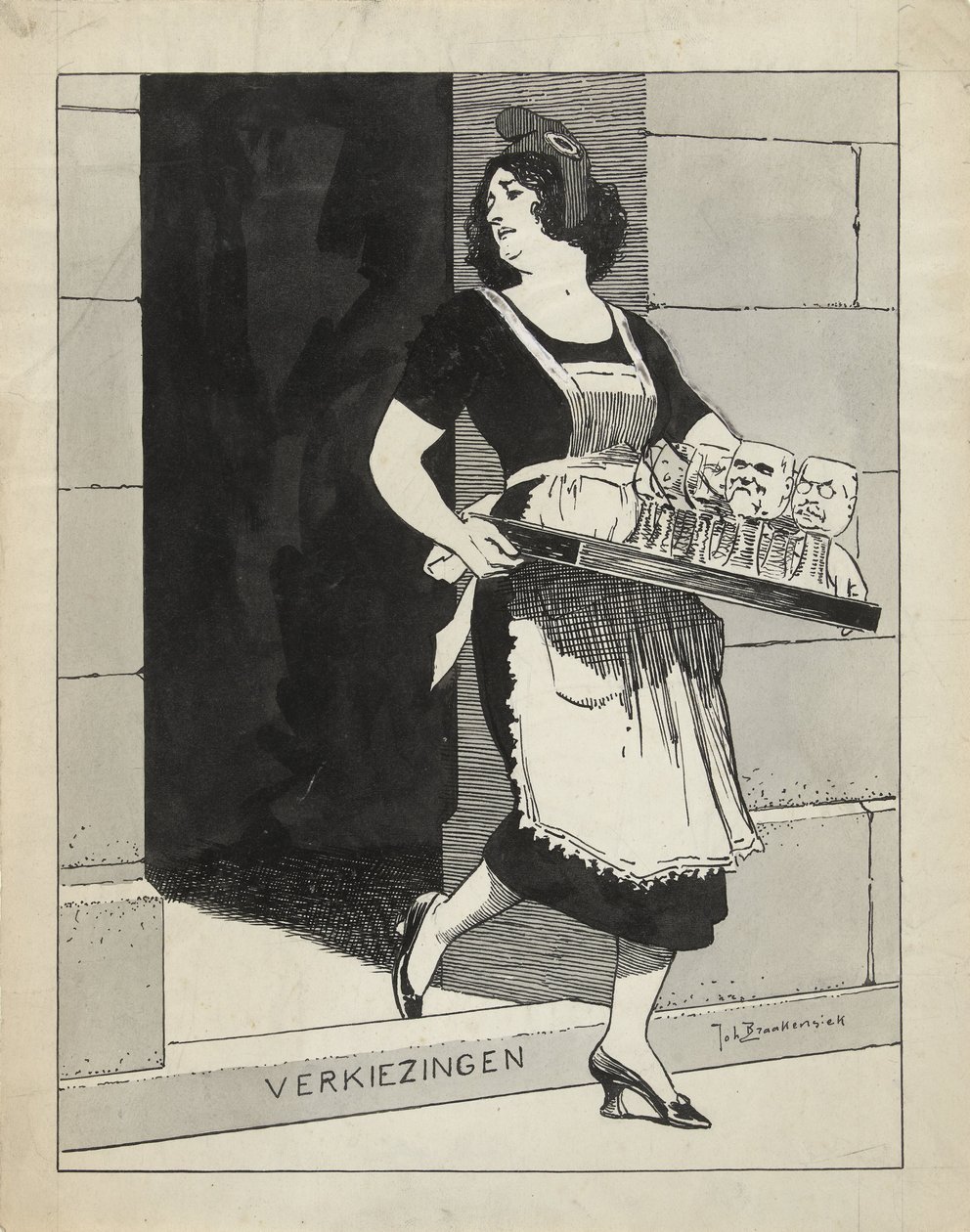 تصميم للتوضيح في De Amsterdammer: العذراء الهولندية كخادمة بصينية من الزجاج تتعثر فوق الانتخابات (17 مايو 1924) بواسطة يوهان براكينسيك