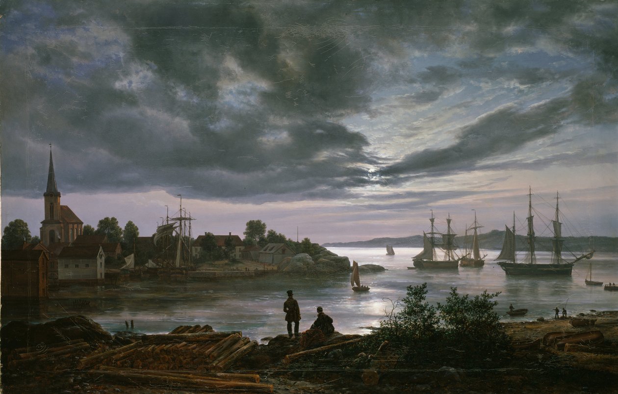 "" Vue de Larvik au clair de lune، Norvege "" Peinture de Johan Christian Clausen Dahl (1788-1857) 1839 أوسلو ، متحف نورفي الوطني بواسطة يوهان كريستيان دال