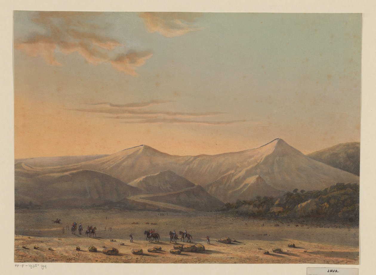 منظر لبركان برومو جبل برومو الذي يتنفس النار في عام 1856 (سكن بروبولينجو) (العنوان على الجسم) بواسطة يوهان كونراد جريف