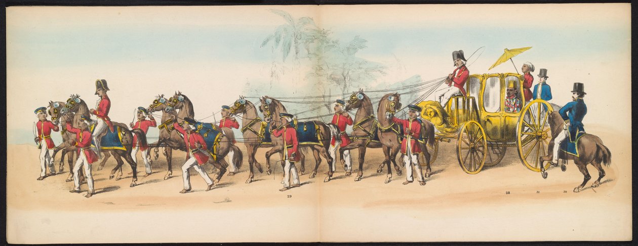 حفلة تنكرية لطلاب دلفت ، 1857 (اللوحة 3) موكب بالملابس أقامه أعضاء فيلق طلاب دلفت في الخامس من مايو 1857 ، يصور موكب غاريبيغ لسلطان دجوكارتا وأكثر الأنواع المميزة من شمال بواسطة يوهان هندريك هوفميستر