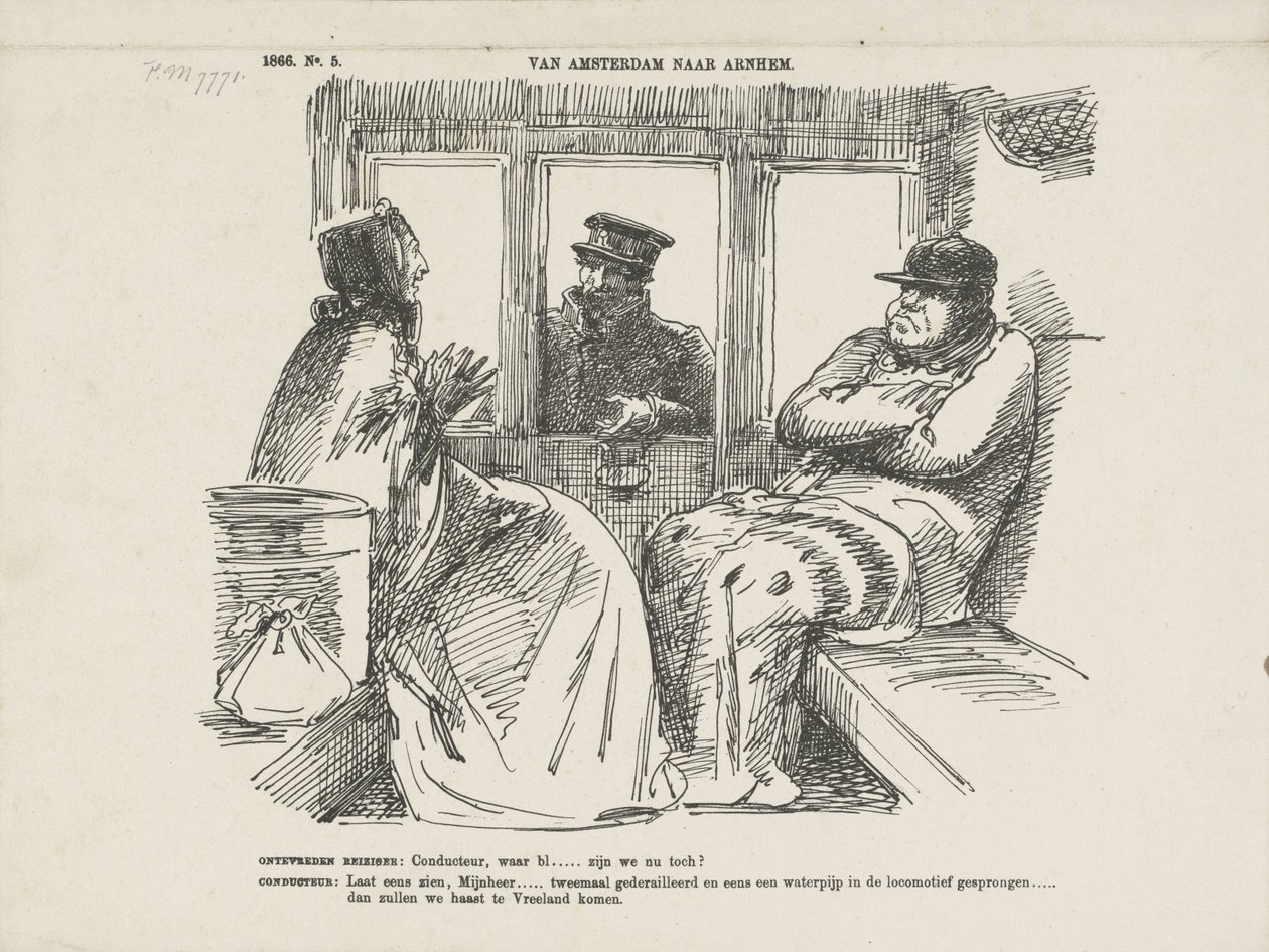 رسم كاريكاتوري للعديد من الحوادث في Rhijnspoorweg ، 1866 من أمستردام إلى أرنهيم (العنوان على الكائن) بواسطة يوهان مايكل شميدت كرانز