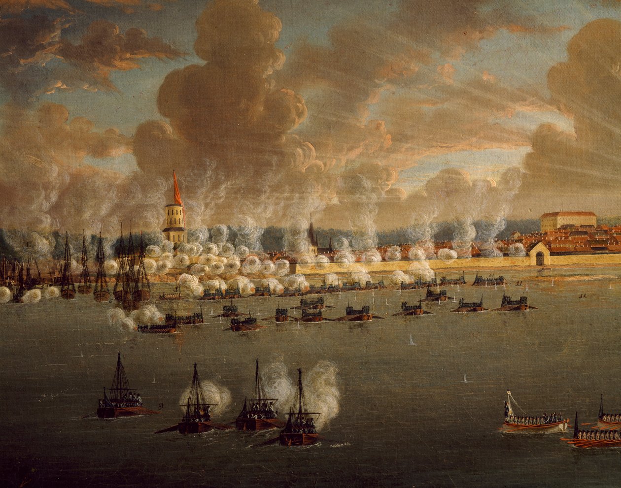 أسطول غوستاف الثالث السويدي يفرض حصارًا على فريدريكشافن ، 20 مايو 1790 ، بقلم يوهان تيتريش شولتز (1754-1807) ، الحروب الروسية السويدية ، الدنماركية بواسطة يوهان تيريتش شولتز