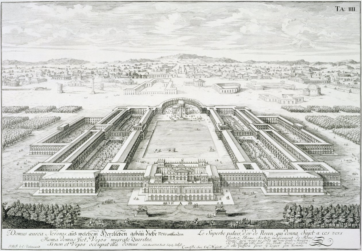 القصر الذهبي للإمبراطور نيرو (54-68 م) ، روما ، من "تصميم العمارة التاريخية" ، 1721 بواسطة يوهان برنهارد فيشر من إرلاخ