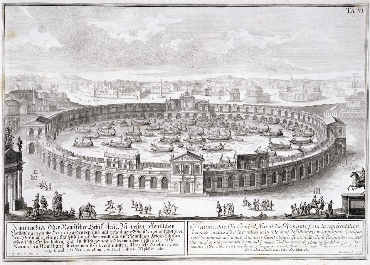 Naumachia ، اللوحة 6 من "تصميم عمارة تاريخية" ، نقشها يوهان آدم ديسلسنباخ (1687-1765) بواسطة يوهان برنهارد فيشر من إرلاخ