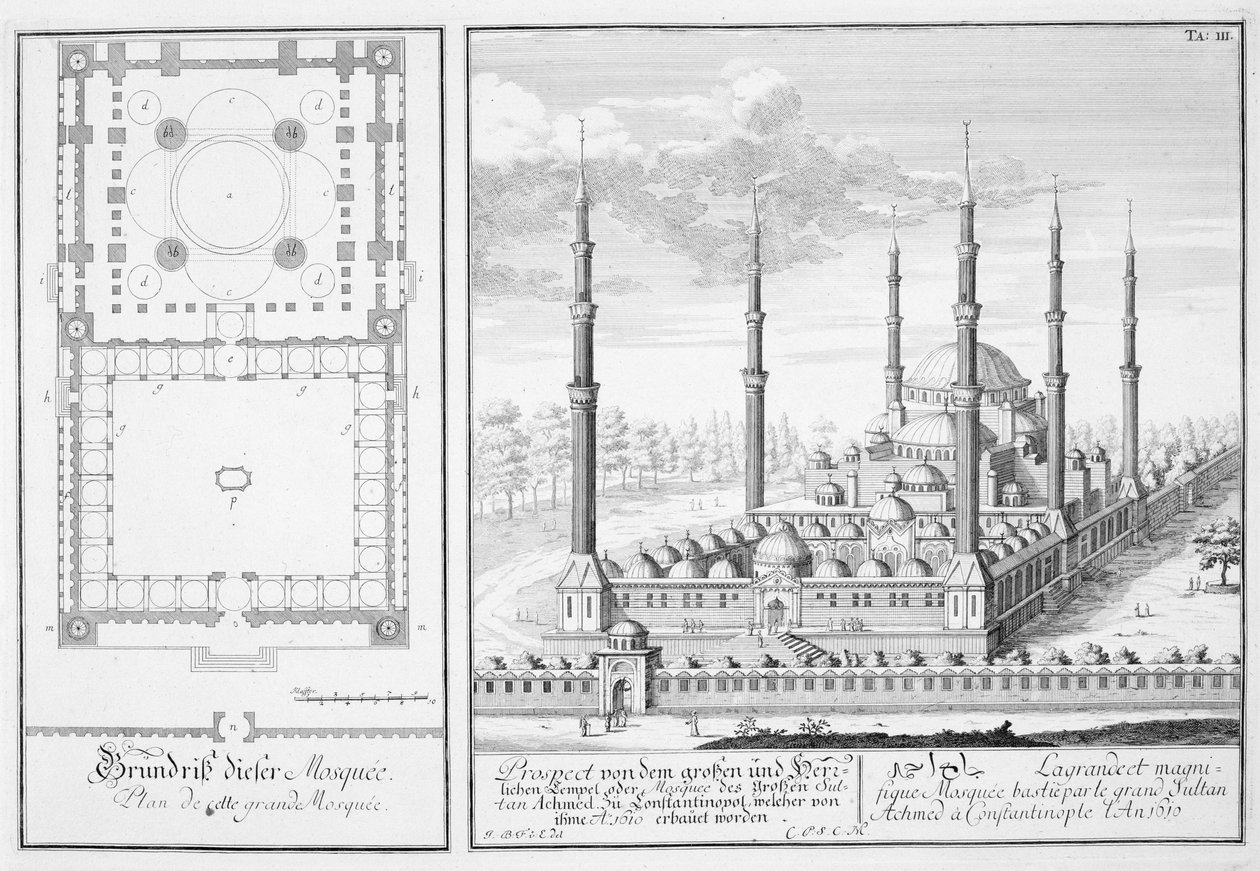 مخطط ومسجد للمسجد الأزرق (1609-1616) ، بناه السلطان أحمد الأول (1603-17) ، اسطنبول ، من "تصميم عمارة تاريخية" ، 1721 بواسطة يوهان برنهارد فيشر من إرلاخ
