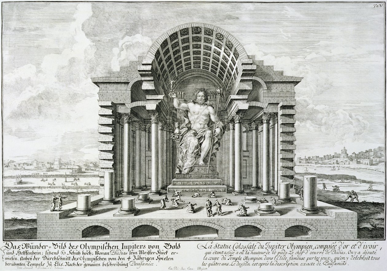 تمثال زيوس الأولمبي ، الذي صنعه فيديا بالذهب والعاج ، رسم بعد وصف باوسانياس (143-176 بعد الميلاد) بالضبط ، من "تصميم عمارة تاريخية" ، 1721 بواسطة يوهان برنهارد فيشر من إرلاخ