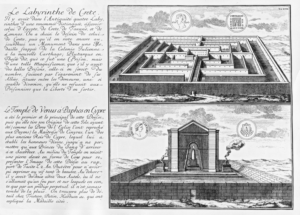 متاهة كريت ومعبد فينوس في بافوس في قبرص ، من "خطة للهندسة المدنية والتاريخية" ، 1721 بواسطة يوهان برنهارد فيشر من إرلاخ