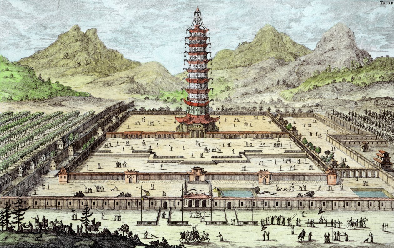برج نانكينغ الخزفي ، اللوحة 12 من "تصميم عمارة تاريخية" ، نقشها يوهان آدم ديلسنباخ (1687-1765) 1721 (تلوين لاحق) بواسطة يوهان برنهارد فيشر من إرلاخ