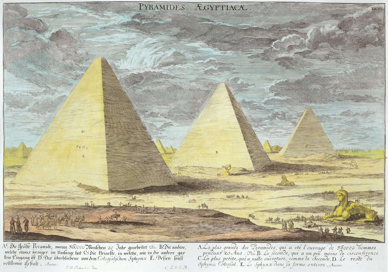 أهرامات مصر ، اللوحة 4 من "تصميم عمارة تاريخية" ، نقشها يوهان آدم ديلسنباخ (1687-1765) 1721 (تلوين لاحق) بواسطة يوهان برنهارد فيشر من إرلاخ