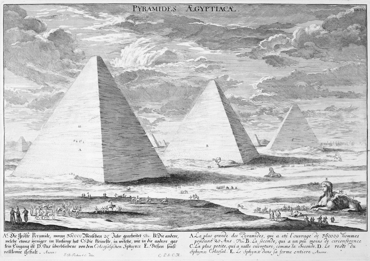 أهرامات مصر ، اللوحة 4 من "تصميم عمارة تاريخية" ، نقشها يوهان آدم ديلسنباخ (1687-1765) 1721 بواسطة يوهان برنهارد فيشر من إرلاخ
