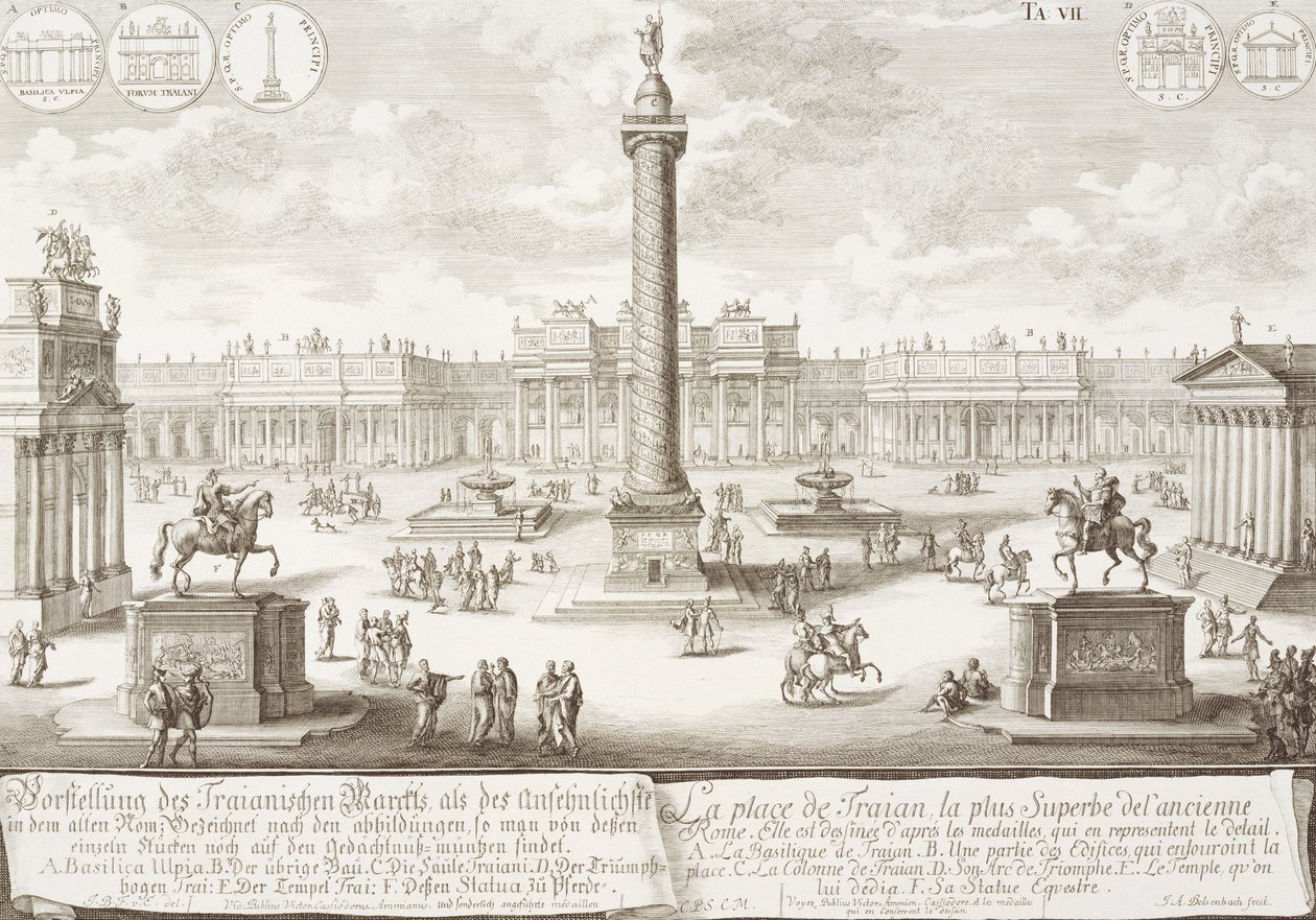 ساحة تراجان روما ، من "تصميم العمارة التاريخية" ، نقشها يوهان آدم ديلسنباخ (1687-1765) ، 1721 بواسطة يوهان برنهارد فيشر من إرلاخ