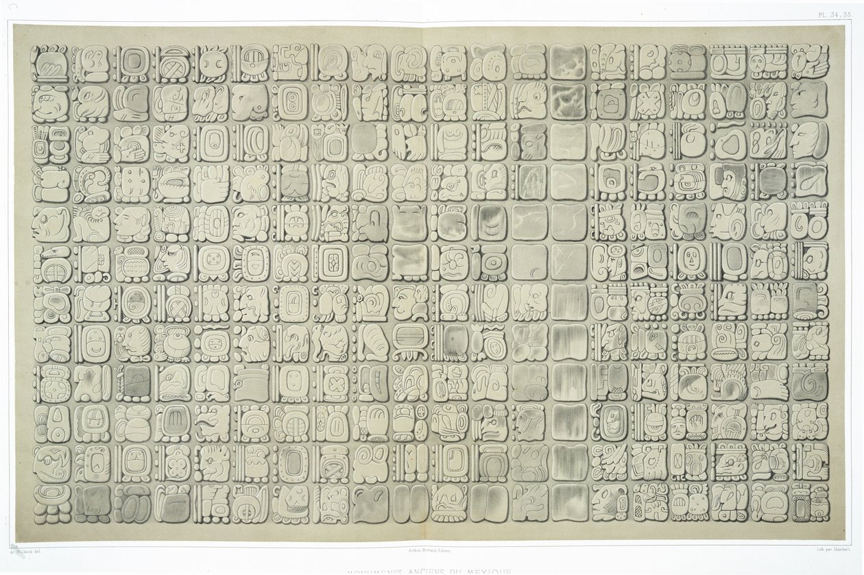 لوحة كبيرة بكتابة إيديوغرافية من معبد النقوش ، بالينكو ، ج 692 ، لوحات 34 و 35 من "آثار المكسيك القديمة" ، نقش هامبرت ، 1866 بواسطة يوهان فريدريش ماكسيميليان فون فالديك